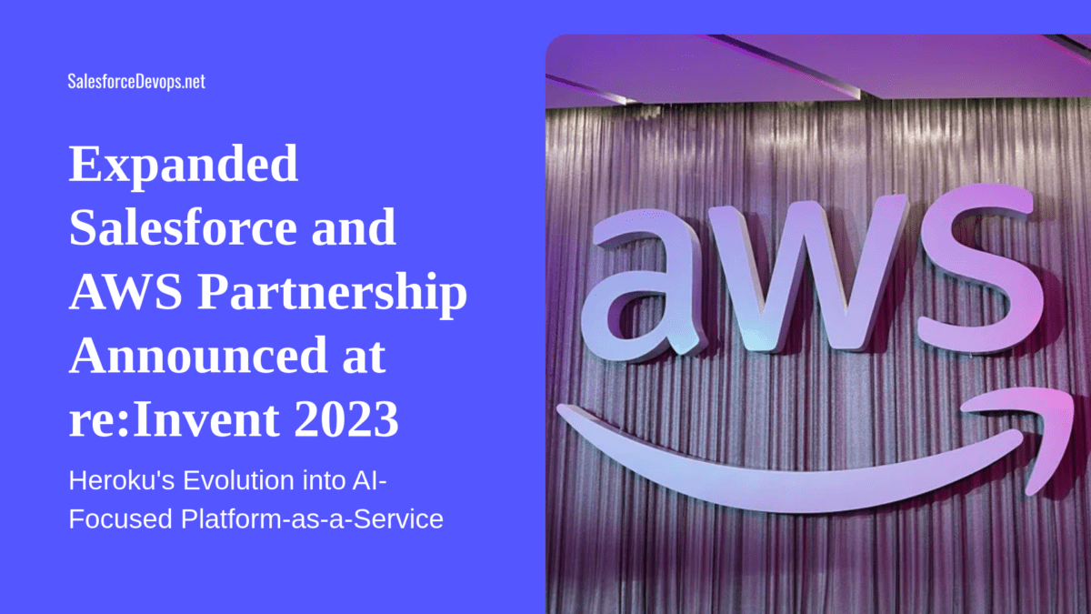 This image showcases an announcement about the expanded partnership between Salesforce and AWS at re:Invent 2023, highlighting Heroku's shift to an AI-focused platform-as-a-service. It features AWS's logo with a purple backdrop, indicating a corporate event or update, suitable for a professional website or presentation.