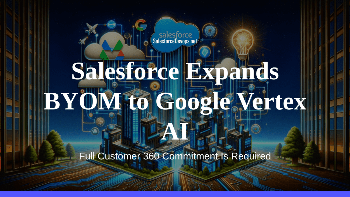Promotional graphic announcing the expansion of Salesforce's BYOM capabilities to Google Vertex AI, featuring an illustrative digital cityscape with Salesforce and Google Cloud logos, alongside the SalesforceDevops.net watermark, highlighting the necessity of Full Customer 360 Commitment
