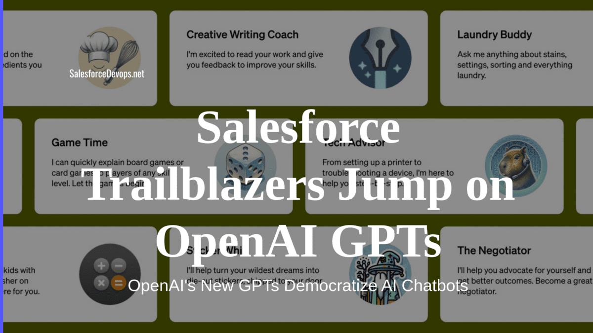a digital presentation slide related to Salesforce, with a focus on various support roles and applications. In the center, "Salesforce Trailblazers Jump on OpenAI GPTs Democratize AI Chatbots" is prominently displayed, indicating a theme of innovation and adoption of AI technology within the Salesforce community. Around this central text are six icons, each representing a different support or service role, such as a creative writing coach, tech advisor, and laundry buddy, suggesting a diverse range of applications.