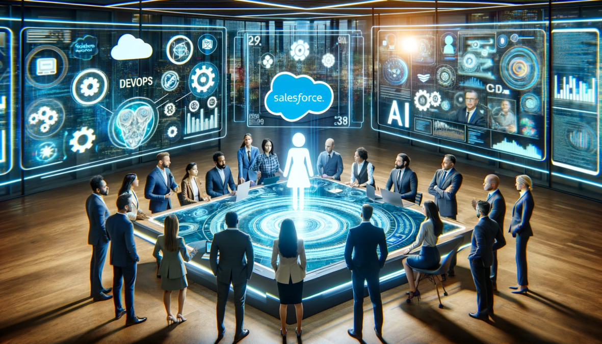 group of diverse professionals gathered around a holographic table with Salesforce and AI interfaces in a collaborative high-tech office environment