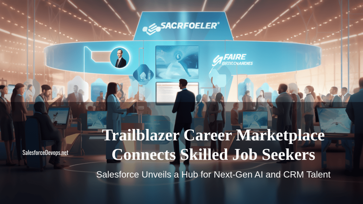 Dynamic corporate event scene at the Trailblazer Career Marketplace, featuring diverse professionals networking in a futuristic tech expo with interactive AI and CRM displays, highlighting the innovative Salesforce ecosystem and career opportunities in data and AI technology