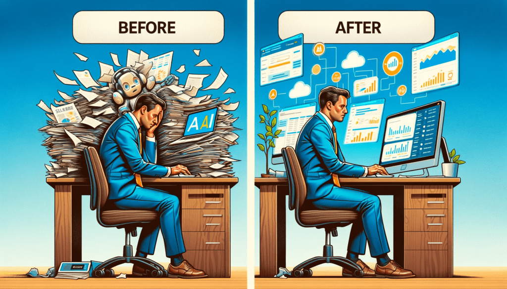 A before and after-style illustration depicting the transformation in Salesforce administration due to AI.
