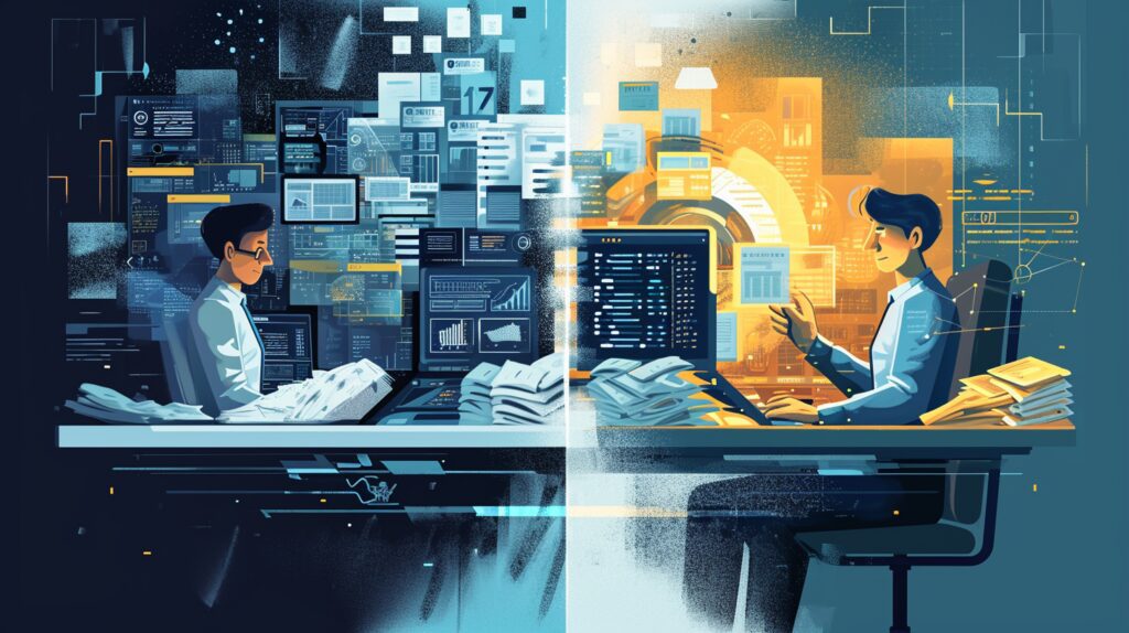 A before-and-after style illustration depicting the transformation in Salesforce administration due to AI. On one side, show a stressed administrator surrounded by piles of paperwork and multiple screens with complex data. On the other side, the same administrator looks relaxed and focused, with a streamlined, AI-assisted interface displaying organized data and actionable insights, illustrating the shift from manual to AI-driven Salesforce management