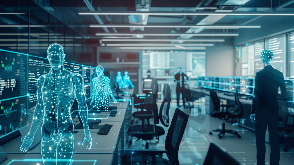 a sophisticated software development environment where fully autonomous virtual employees are integrated into the team. These AI entities, represented as humanoid figures made of digital code or light, work alongside human developers at their workstations.