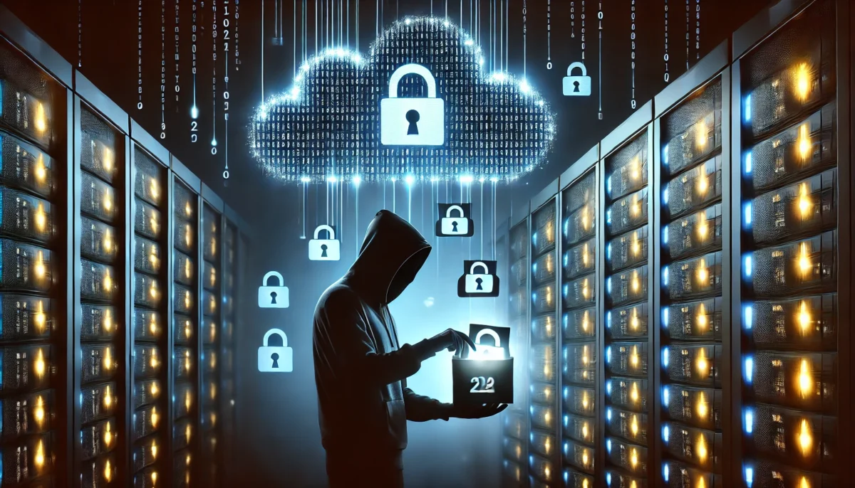 A dark, stylized scene of a hacker silhouette in front of glowing cloud servers. Data files with the Disney logo or similar corporate symbols are being pulled out, symbolizing the data breach.