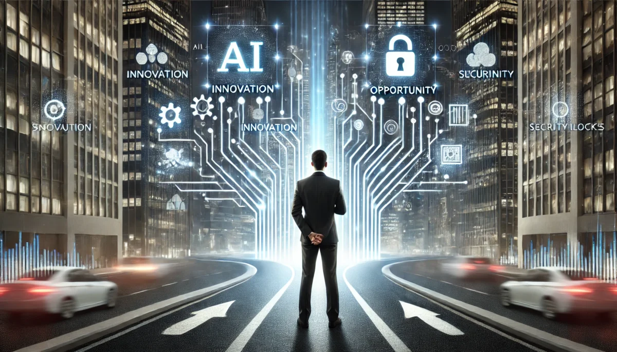 A CIO stands at a futuristic, glowing crossroad, with two paths extending forward. One path is sleek and filled with holographic AI symbols, representing innovation and opportunity, while the other path is dark and cluttered with security locks, data clouds, and complex code