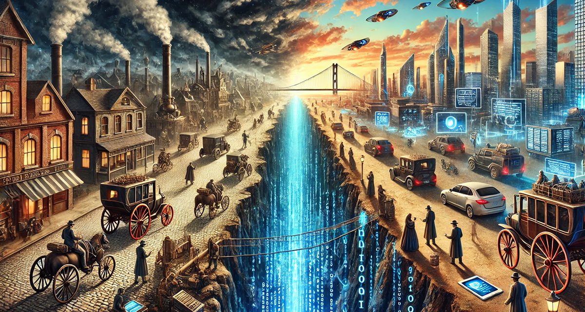 A dramatic landscape split by a deep chasm. On one side, a Victorian-era cityscape with cobblestone streets, horse-drawn carriages, steam engines, and factories billowing smoke. People are shown using vintage technologies like telegraph machines and early telephones. On the other side, a futuristic metropolis with sleek skyscrapers, flying vehicles, holographic billboards, and people seamlessly interacting with AI assistants and augmented reality interfaces