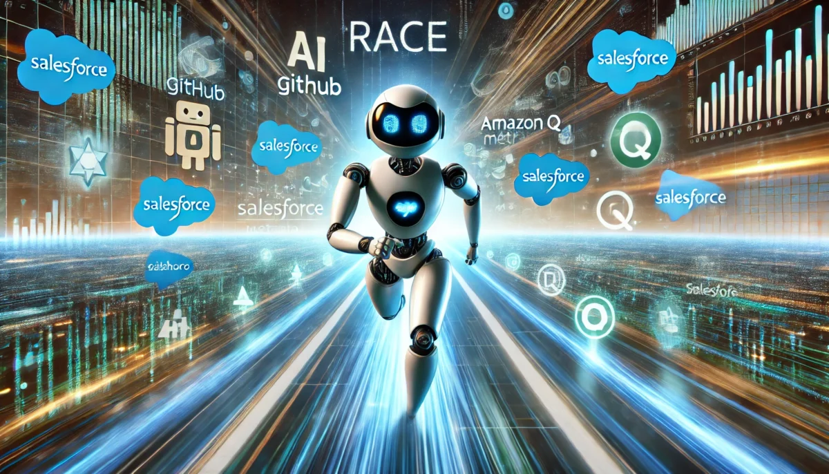Copado’s AI chatbot leading in a futuristic racing lane, surrounded by symbols and subtle competitive logos