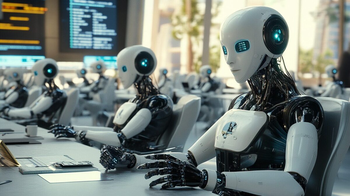A group of robotic AI workers, all resembling humanoid figures, sitting around a conference table discussing business strategies. In the background, digital screens show data analytics and futuristic work environments.
