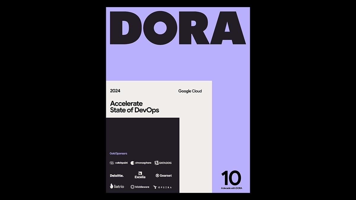 2024 DORA Report Cover: Accelerate State of DevOps, featuring Google Cloud and key sponsors like Deloitte, Datadog, Gearset, and more, marking a decade of insights into software development performance