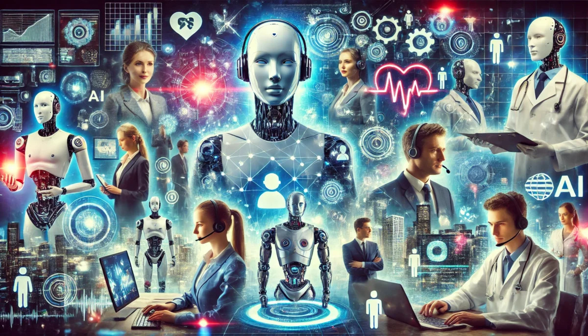 a collage of industries powered by AI-driven virtual employees