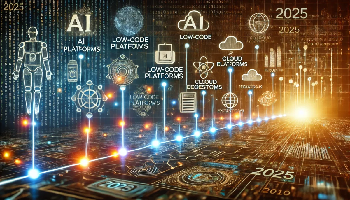 A dynamic visualization of a tech timeline leading to 2025, featuring icons for AI, low-code platforms, and cloud ecosystems, with vibrant, glowing connections symbolizing rapid innovation