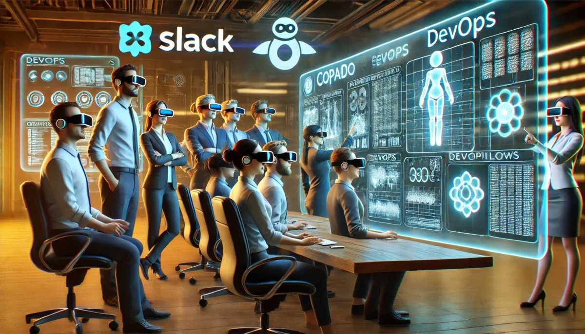 AI engineers in a high-tech control room interacting with DevOps holograms, representing the competitive AI-driven DevOps landscape.