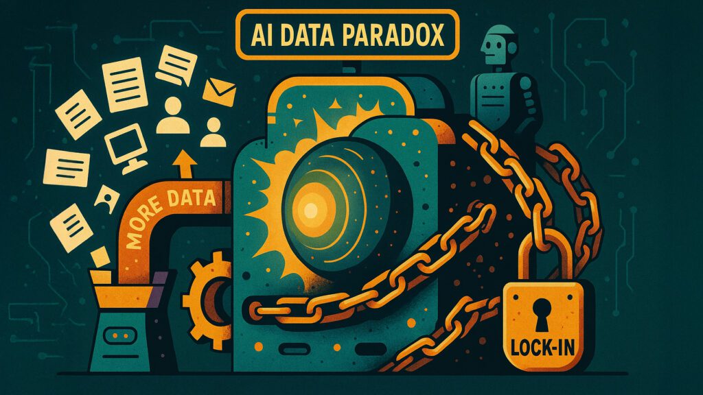 AI Data Paradox illustration showing how AI's need for more data creates a gravitational vortex leading to platform vendor lock-in